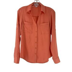 Express Portofino Shirt XS Slim Fit Orange Long Sleeve V Neck Roll Tab Sleeves